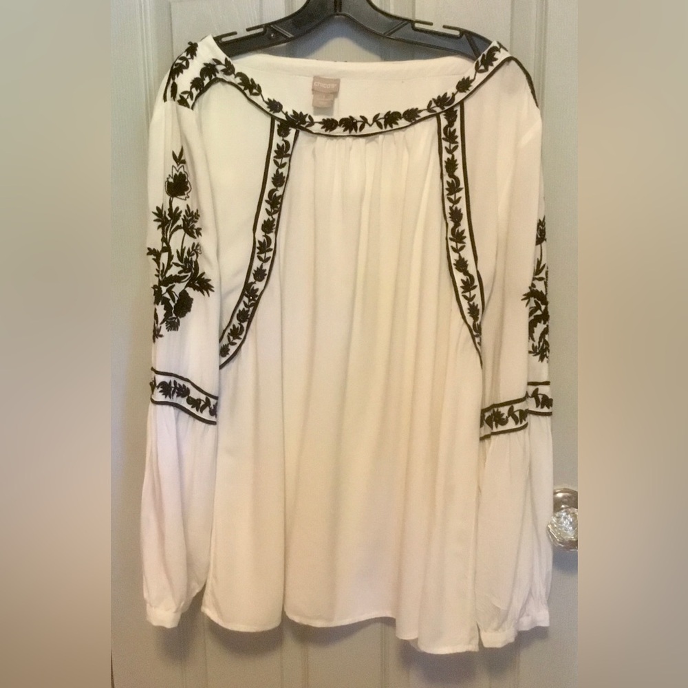 Chico's Ivory Boho Embroidered Sequin Beaded Peasant Blouse with Black SIZE 3